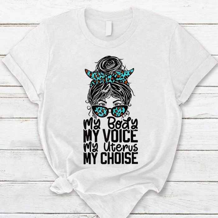 Classic Abortion Rights T-Shirt For Women My Body My Voice My Choice Messy Bun Leopard Design Unique Shirt