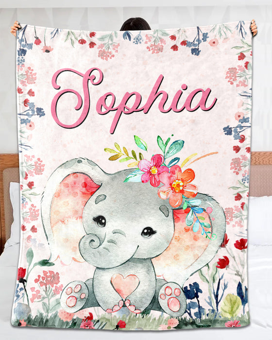 Personalized Baby Blanket For Daughter Cute Elephant & Colorful Flower Printed Custom Name Baby Reveal Blanket