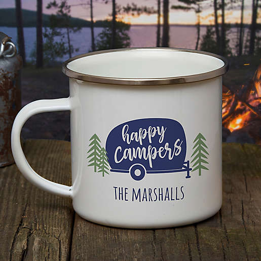 Camping Mug For Family Happy Campers Custom Family's Name With Camping Car Printed Mug 12oz Enamel Mug