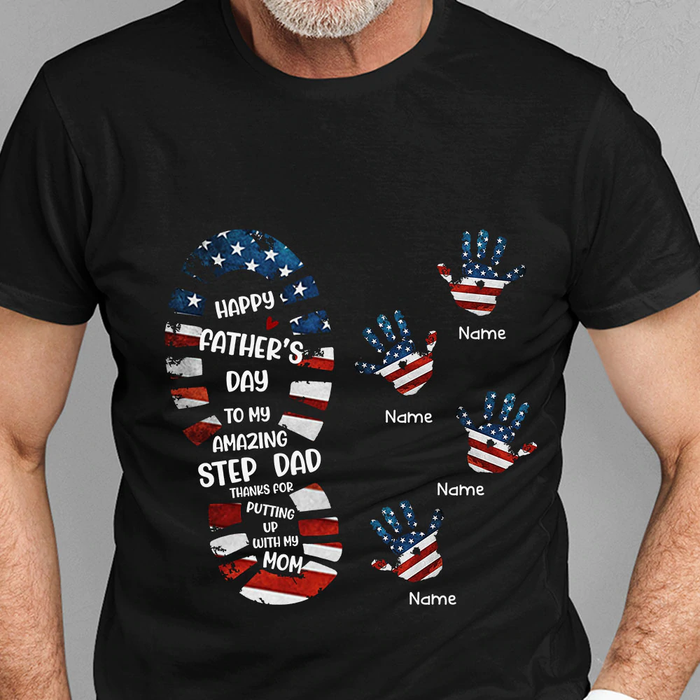 Personalized T-Shirt & Hoodie For Bonus Dad Footprint & Handprint USA Flag Design Custom Kids Name 4th Of July Shirt
