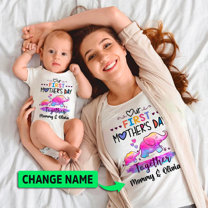 Personalized Matching T-Shirt & Baby Onesie Our First Mother'S Day Colorful Elephant & Heart Printed Custom Name