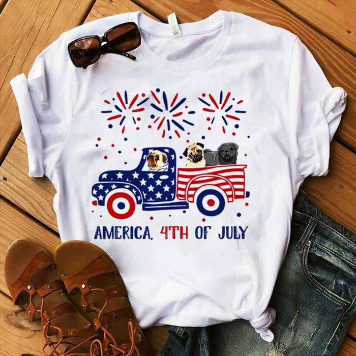 Classic Unisex T-Shirt For Dog Lover Merica 4th Of July Shirt Truck Pug Dog Shirt For Independence Day