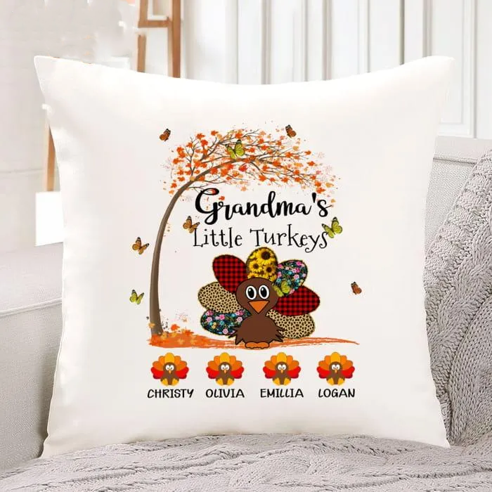 Personalized Square Pillow Gifts For Grandma Little Turkeys Butterflies Custom Grandkids Name Sofa Cushion For Christmas
