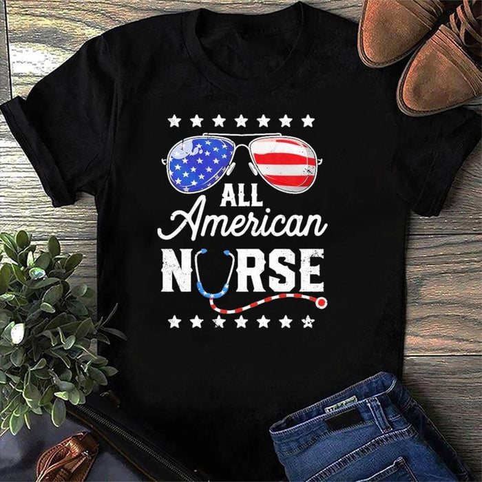 Classic T-Shirt All American Nurse With Stethoscope Glasses Shirt US Flag Shirt For Independence Day