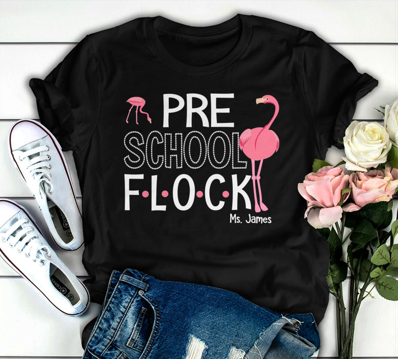 Personalized T-Shirt For Teacher Preschool Flock Pink Flamingo Printed Custom Name Back To School Outfit