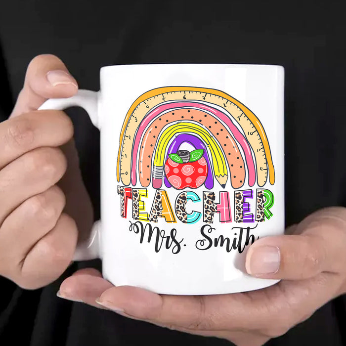 Personalized Back To School Mug Colorful Rainbow Pencil Print Custom Name & Grade Level 11 15oz Ceramic Coffee Cup