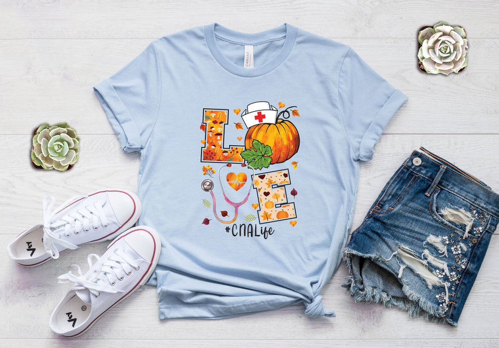 Personalized T-Shirt For Nurse Love Hashtag CNA Life Pumpkin Stethoscope & Nursing Cap Printed Custom Hashtag Fall Shirt