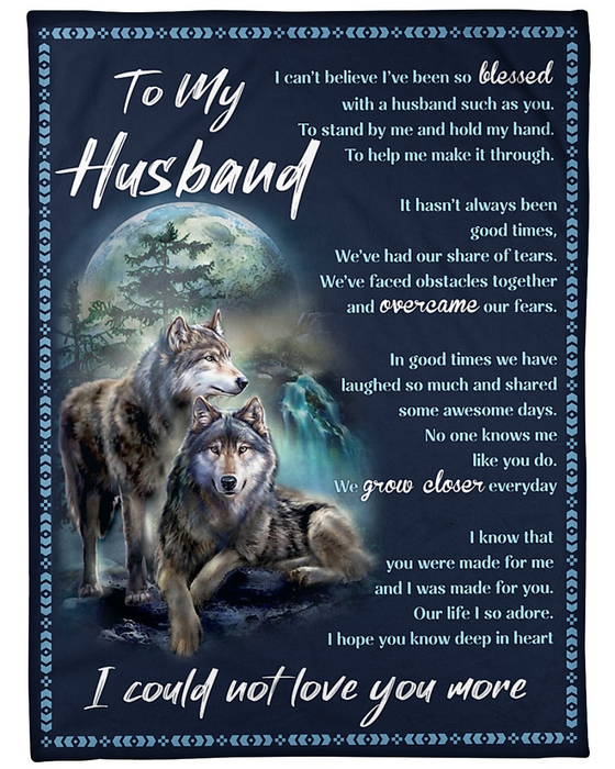 Personalized Fleece Blanket For Husband Print Wolf Family Under Moon Customized Blanket Gifts For Valentine's Day Wedding