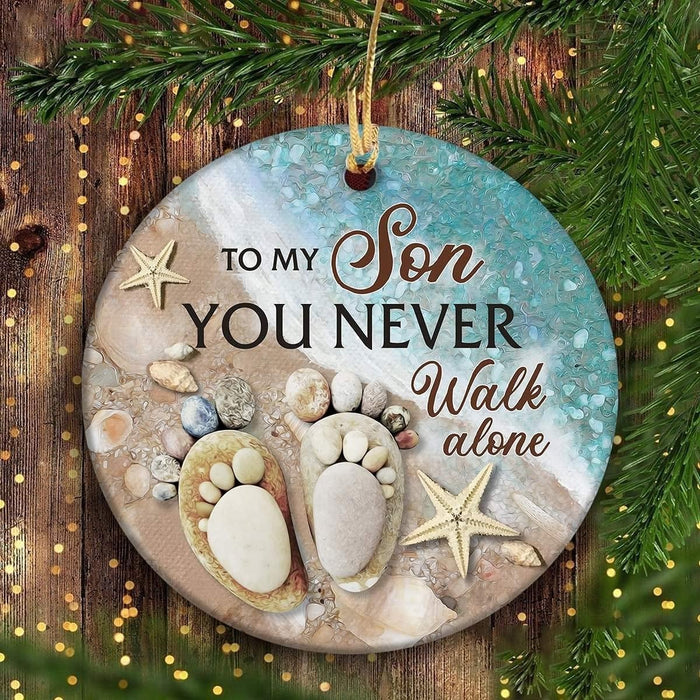 Personalized Ornament Footprint On The Beach To My Son From Dad Mom Custom Name You Never Walk Alone Circle Ornaments