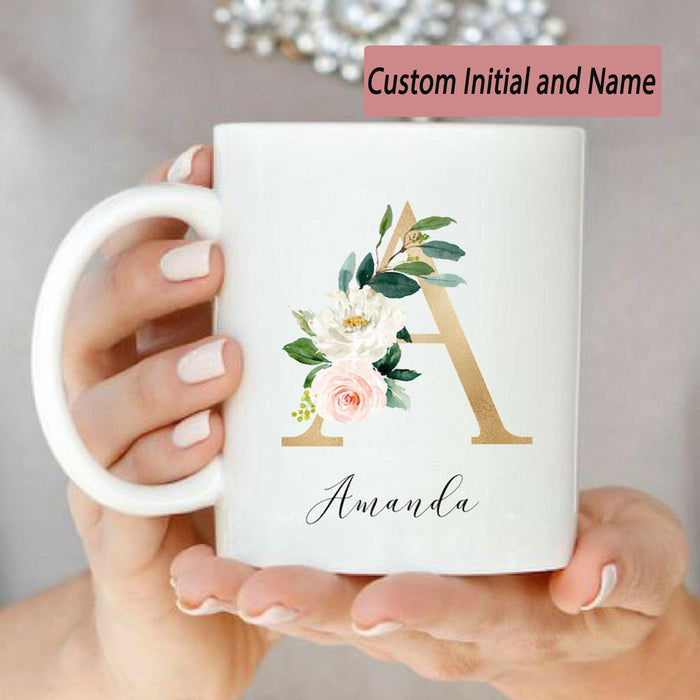 Personalized Initial Mug for Girls Custom Name Coffee Mug Gifts for Graduate Cute Gold Floral Mugs