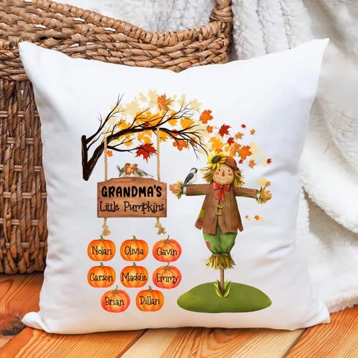 Personalized Square Pillow For Grandma Scarecrow Little Pumpkin Fall Custom Grandkids Name Sofa Cushion Christmas Gifts