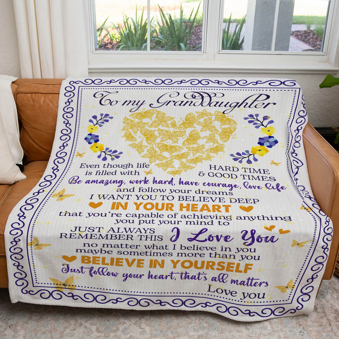 Personalized To My Granddaughter Blanket Life Is Filled With Hard Times And Good Times Butterfly Heart & Flower Printed