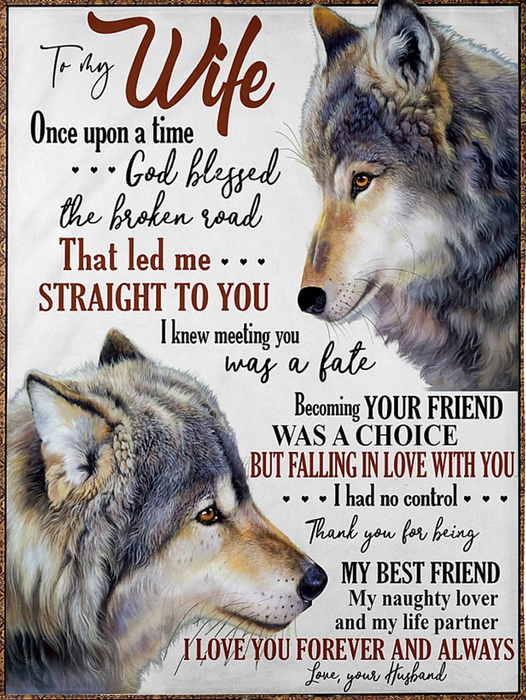 Personalized White Fleece Blanket To My Wife Falling In Love With You Romantic Wolf Couple Print Custom Nmae Throw