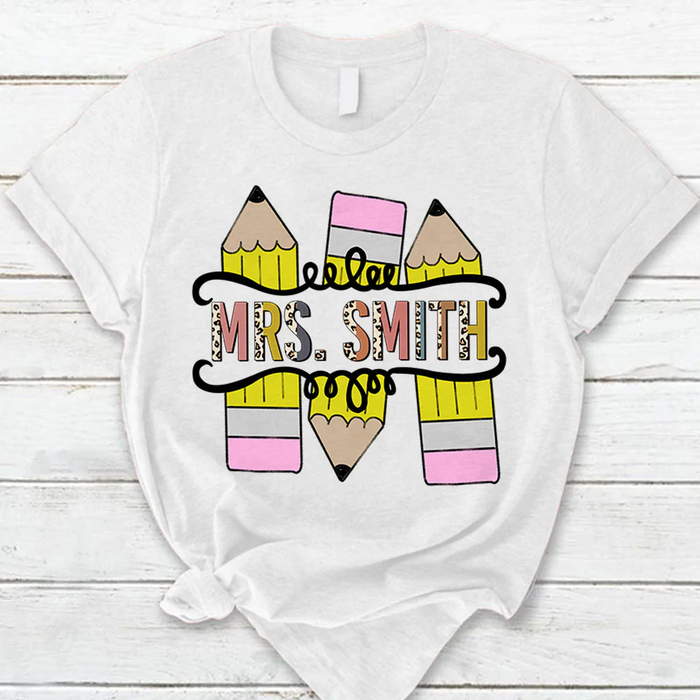Personalized T-Shirt For Teachers Mrs. Smith Colorful Leopard Pencil Design Custom Name Back To School Outfit