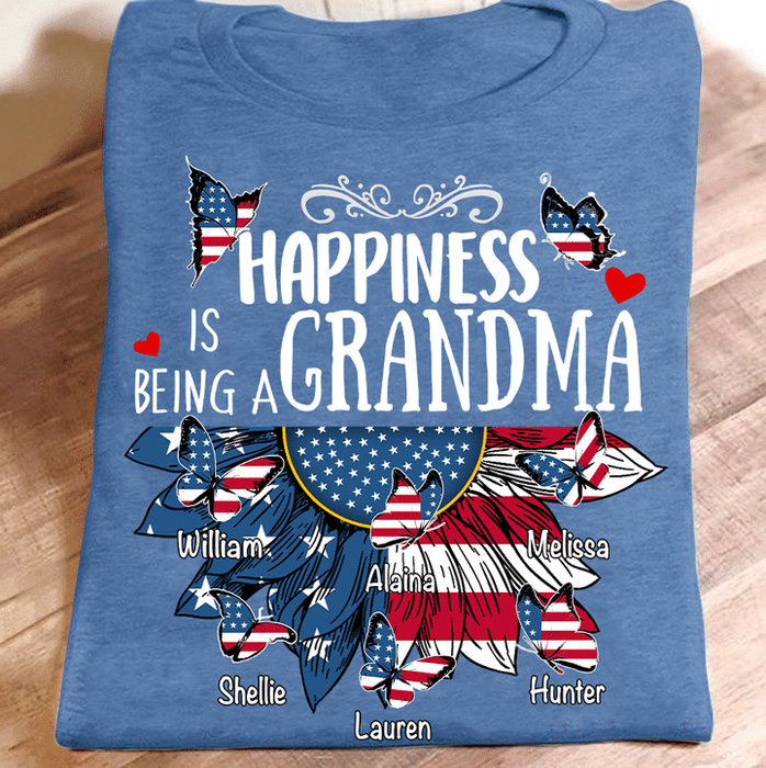 Personalized T-Shirt For Grandma Butterfly & Sunflower With USA Flag Style Custom Grandkids Name 4th July Day Shirt