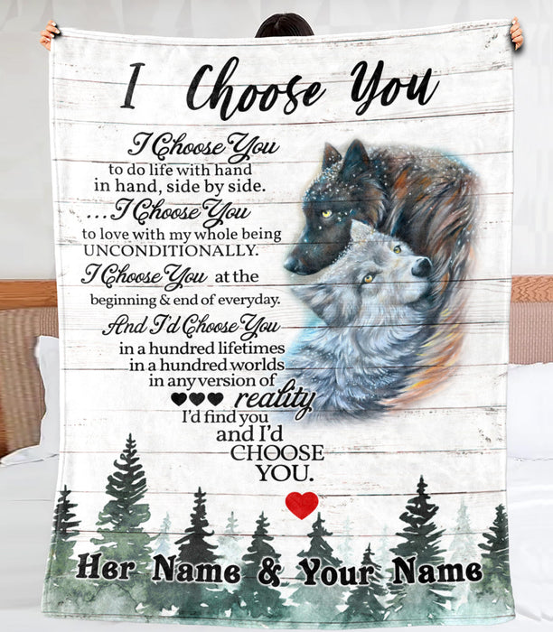 Personalized Blanket For Wife Husband I Choose You To Do Life With Hand In Hand Romantic Hugging Wolf Couple Printed