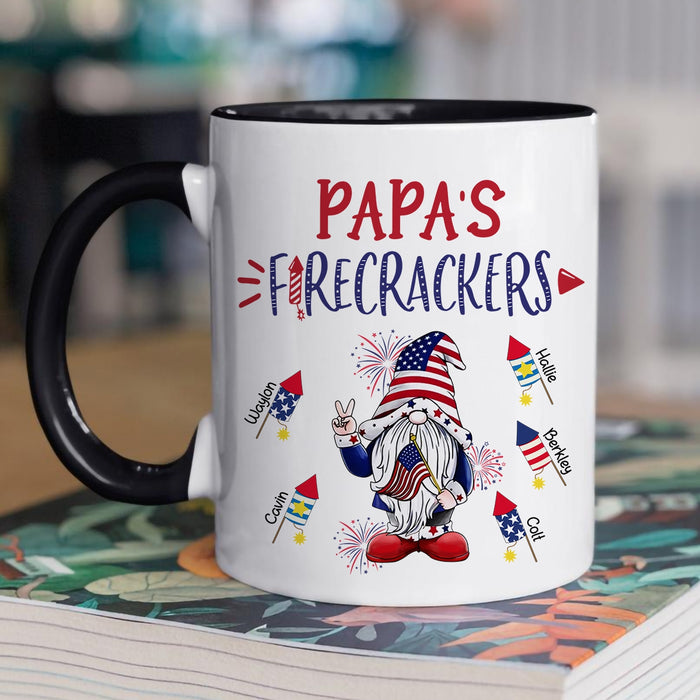 Personalized Accent Mug For Grandpa Papa's Firecrackers USA Flag Design Custom Grandkids Name 11 15oz 4th Of July Cup