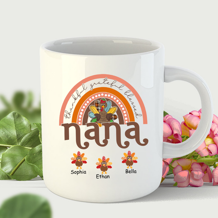 Personalized Coffee Mug Gifts For Grandma Rainbow Turkey Thankful Blessed Custom Grandkids Name Thanksgiving White Cup