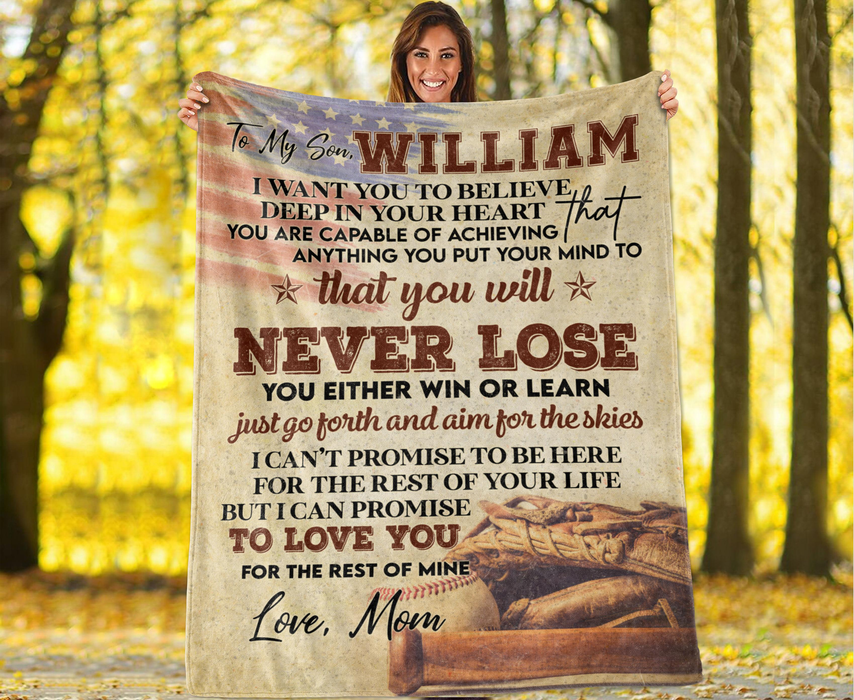 Personalized To My Son Blanket From Mom Dad For Baseball Lovers You Either Win Or Learn US Flag Printed Rustic Design