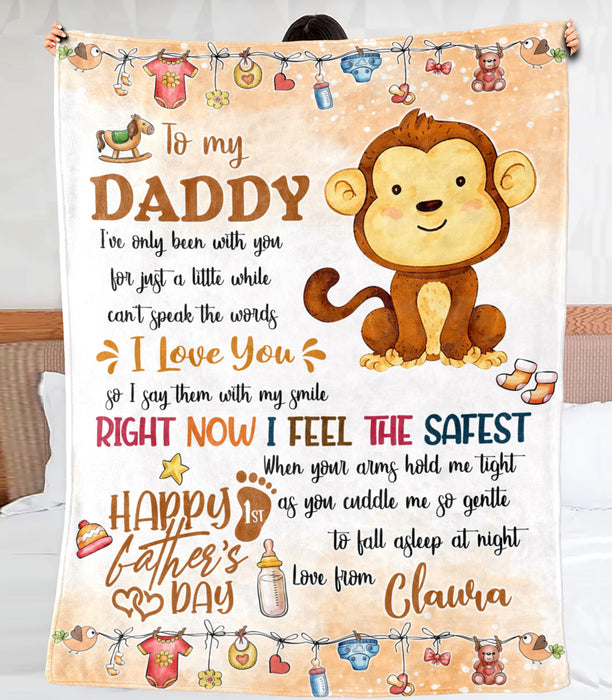 Personalized Blanket To My New Dad From Baby Bump Happy First Father's Day Cute Baby Monkey Print Custom Name
