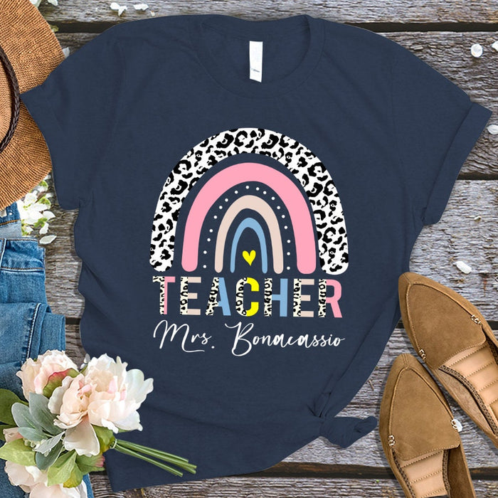 Personalized T-Shirt For Teacher Appreciation Leopard Boho Rainbow Heart Custom Name Shirt Gifts For Back To School