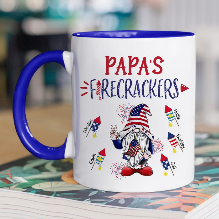 Personalized Accent Mug For Grandpa Papa's Firecrackers USA Flag Design Custom Grandkids Name 11 15oz 4th Of July Cup