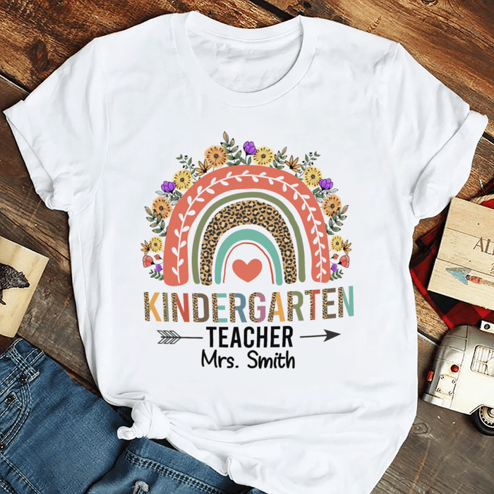 Personalized T-Shirt For Teachers Kindergarten Colorful Leopard & Flower Design Custom Name Back To School Outfit