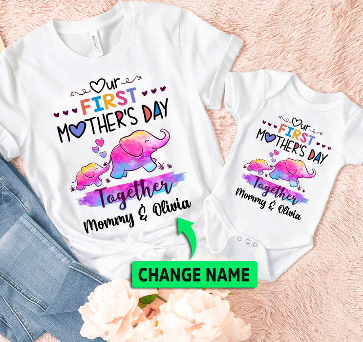 Personalized Matching T-Shirt & Baby Onesie Our First Mother'S Day Colorful Elephant & Heart Printed Custom Name