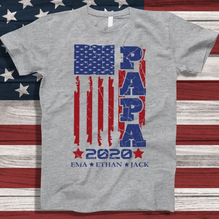 Personalized T-Shirt For Grandpa Papa 2022 America Flag Design Custom Grandkids Name Independence Day Shirt