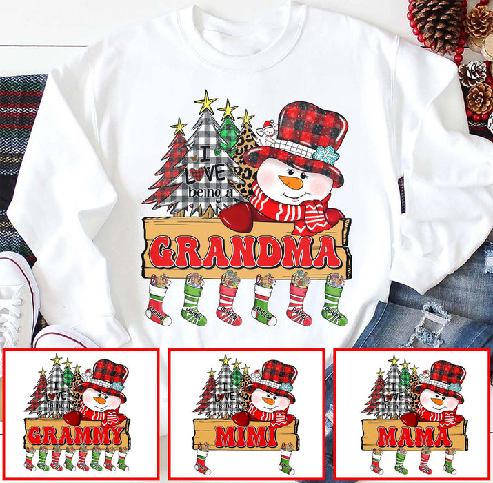 Personalized Sweatshirt I Love Being A Grandma Cute Snowman With Trees And Socks Printed Custom Grandkids Name