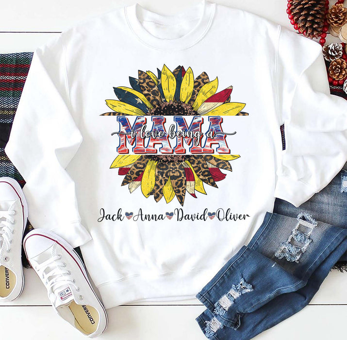 Personalized Sweatshirt & Hoodie For Mom Grandma I Love Being A Mama Sunflower & Heart Printed Custom Grandkids Name
