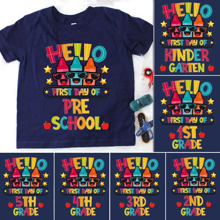 Personalized T-Shirt For Kids Hello First Day Of Preschool Cute Pencil With Glasses Apple Printed Custom Grade Level
