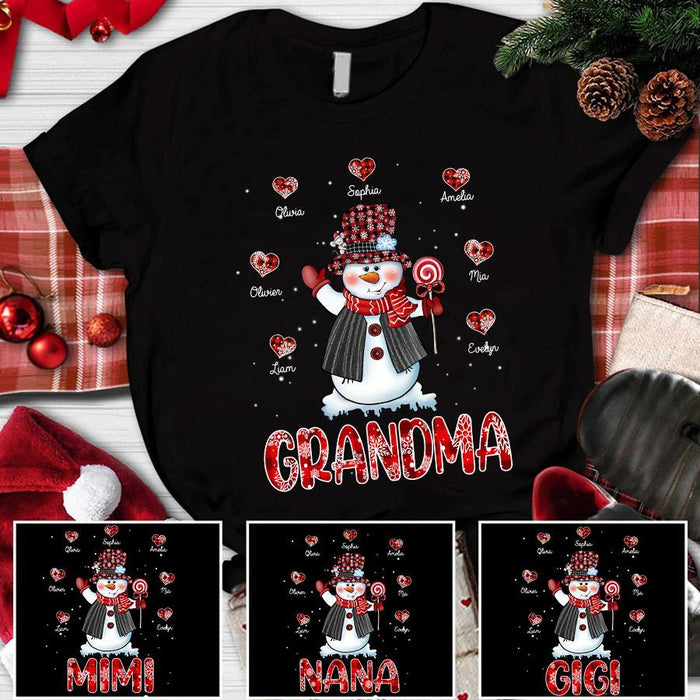 Personalized T-Shirt For Grandma Cute Snowman With Candy & Heart Printed Red Plaid Design Custom Grandkids Name