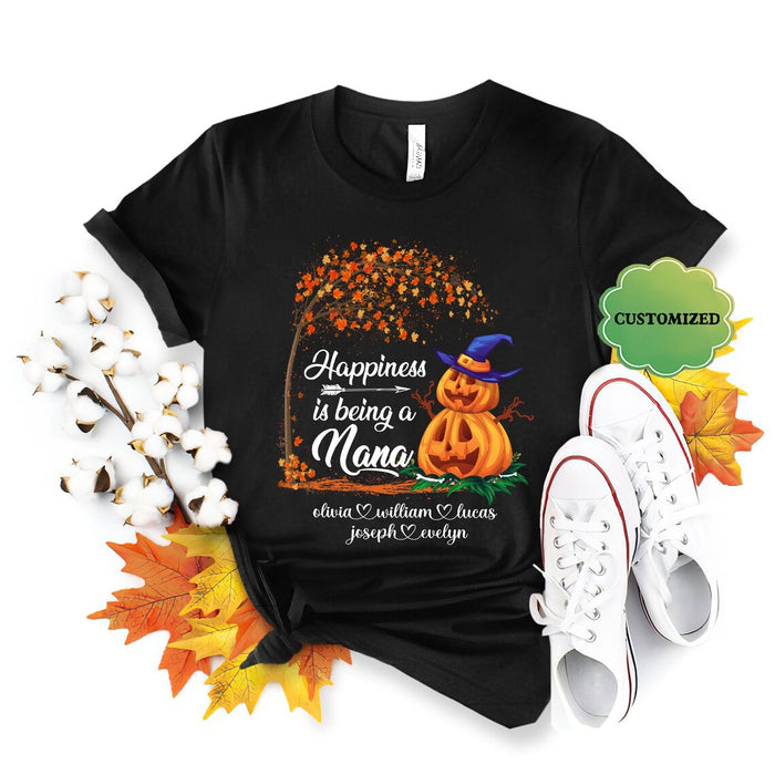 Personalized T-Shirt For Grandma Happiness Is Being A Nana Pumpkin With Witch Hat & Maple Tree Custom Grandkids Name