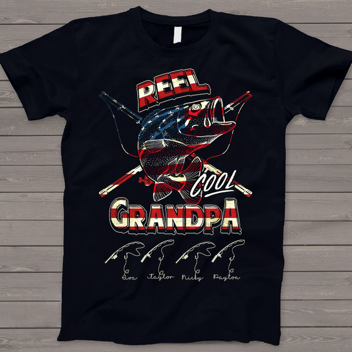 Personalized T-Shirt For Fishing Lovers Reel Cool Grandpa Fish And Rod Printed US Flag Art Printed Custom Grandkids Name