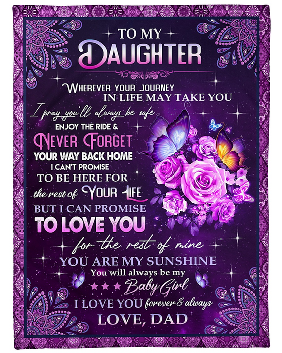 Personalized Fleece Blanket For Daughter Print Purple Rose Butterfly Beautiful Customized Blanket Gift For Birthday Graduation