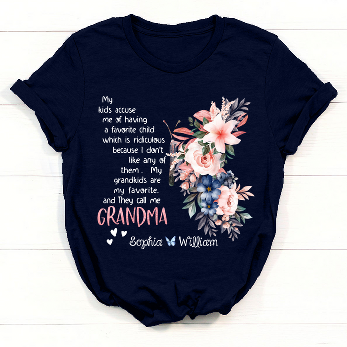 Personalized T-Shirt For Grandma Butterfly Artwork & Beautiful Flower Printed Custom Grandkids Name