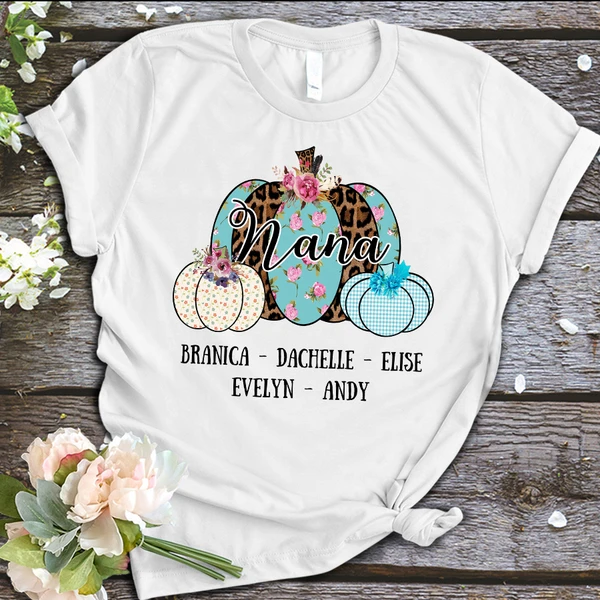 Personalized T-Shirt For Grandma Nana Leopard Floral Checkered Pumpkin Printed Custom Grandkids Name Shirt For Halloween