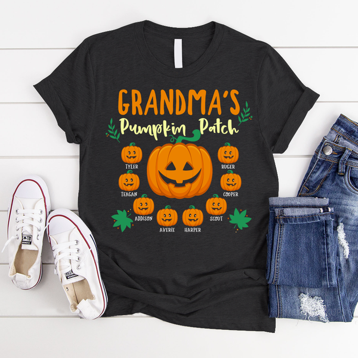 Personalized T-Shirt Grandma's Pumpkin Patch Cute Pumpkin And Baby Pumpkin Printed Custom Grandkids Name Halloween Shirt