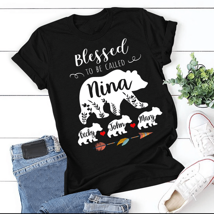 Personalized T-Shirt For Grandma Blessed To Be Called Nina Cute Bear & Arrow Printed Custom Grandkids Name