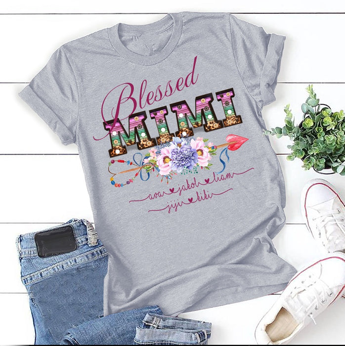 Personalized T-Shirt For Grandma Blessed Mimi Love Arrow Printed Custom Grandkids Name Shirt