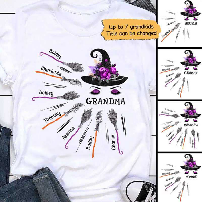 Personalized T-Shirt For Grandma Witch Hat With Flower Above And Broom Printed Custom Grandkid's Name Halloween Shirt