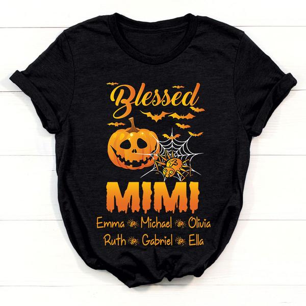 Personalized T-Shirt For Grandma Blessed Mimi Pumpkin Lantern & Spider Printed Custom Grandkids Name Shirt For Halloween