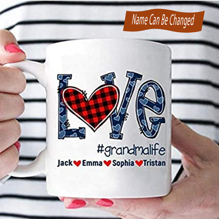 Personalized Love Grandma Life Coffee Mug with Multi Grandkids Name Print Heart Plaid Gifts Mothers Day