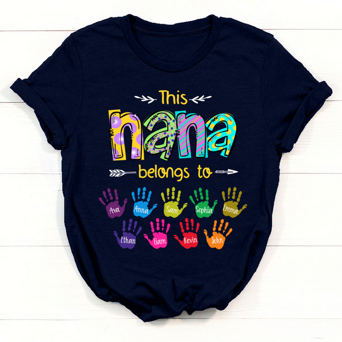 Personalized T-Shirt This Nana Belongs To Custom Grandkids Name Colorful Handprint Printed Stripes Design