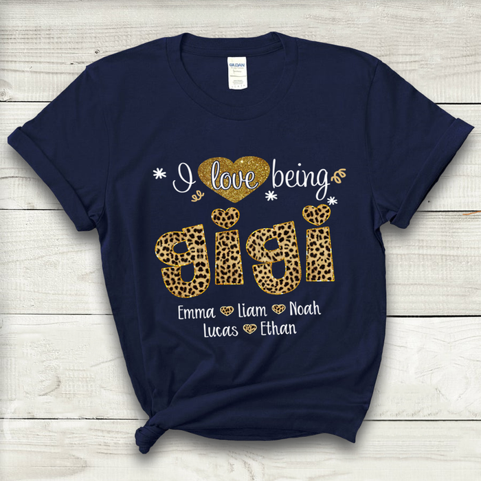 Personalized T-Shirt For Grandma I Love Being Gigi Leopard Design With Hearts Printed Custom Grandkids Name