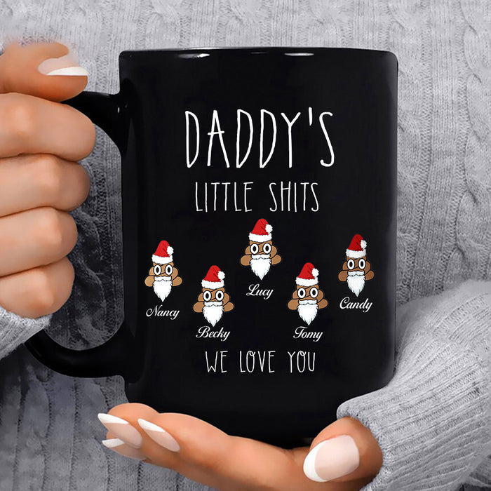 Personalized Christmas Coffee Mug Daddy's Little Shits Funny Shit With Santa Hat And Beard Printed Custom Kids Name