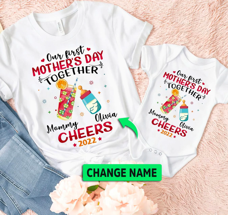 Personalized Matching T-Shirt & Baby Onesie Our First Mother'S Day Ice Tea & Milk Cheers Design Custom Name