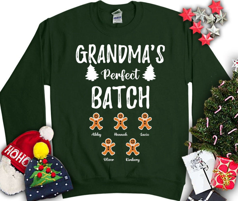 Personalized Sweatshirt Grandma's Perfect Batch Cute Gingerbread & Xmas Tree Printed Custom Grandkids Name