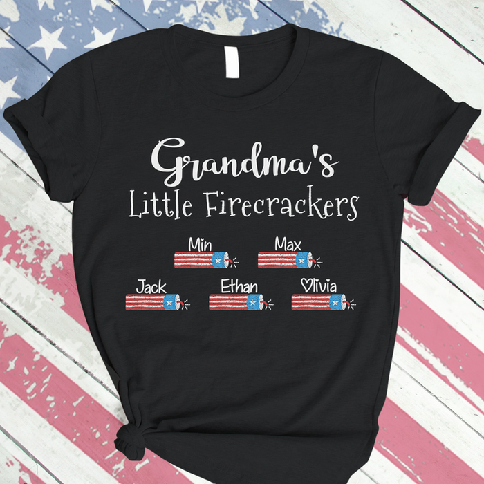 Personalized T-Shirt For Nana Grandma'S Little Firecrackers Custom Grandkids Name Independence Day Shirt